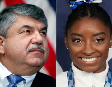 AFL-CIO president Richard Trumka and United States Olympic gymnast Simone Biles. (Alex Brandon and Natacha Pisarenko/ AP Photo)