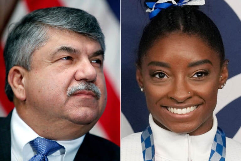 AFL-CIO president Richard Trumka and United States Olympic gymnast Simone Biles. (Alex Brandon and Natacha Pisarenko/ AP Photo)