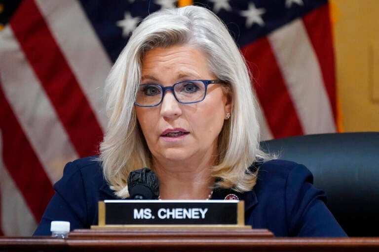 Rep. Liz Cheney speaks, her nameplate visible in front of her, with an American flag visible in the background.