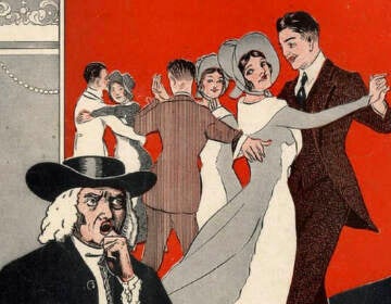 An illustration shows people in 1920s attire dancing, with a person in the foreground blowing a whistle at them.