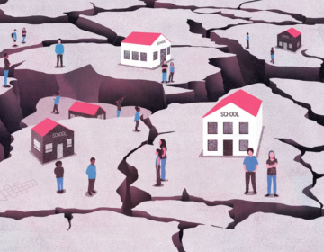 An illustration of schools on different terrain, with large cracks between them