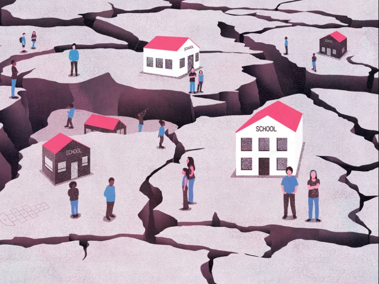 An illustration of schools on different terrain, with large cracks between them