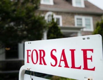 A 'for sale' sign stands in front of a house