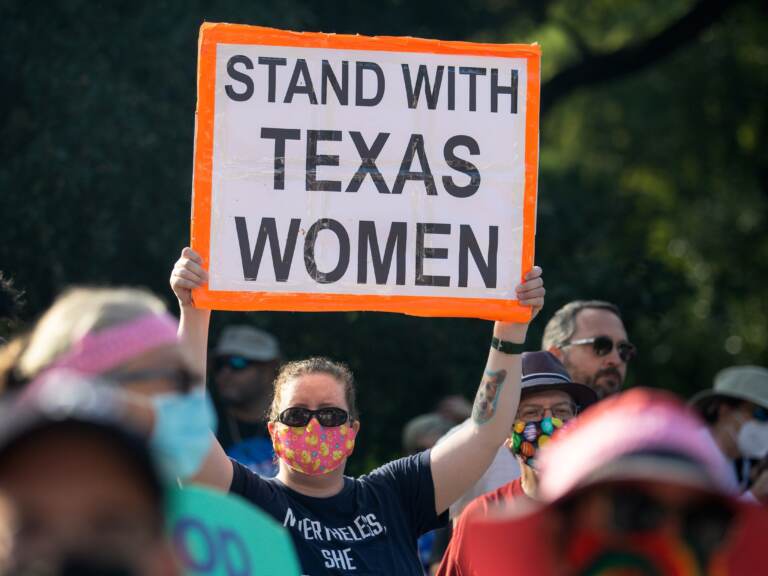 Demonstrators rally against anti-abortion and voter suppression laws at the Texas State Capitol, with one sign visible reading ''Stand with Texas Women''