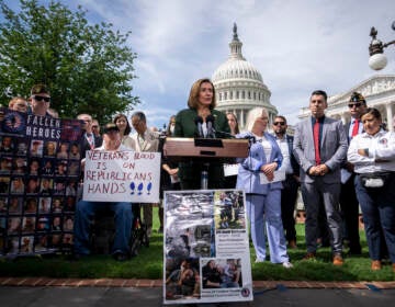 House Speaker Nancy Pelosi and others attend a news conference on Capitol Hill on Thursday, the day after Senate Republicans blocked a procedural vote to advance PACT Act. (Drew Angerer/Getty Images)