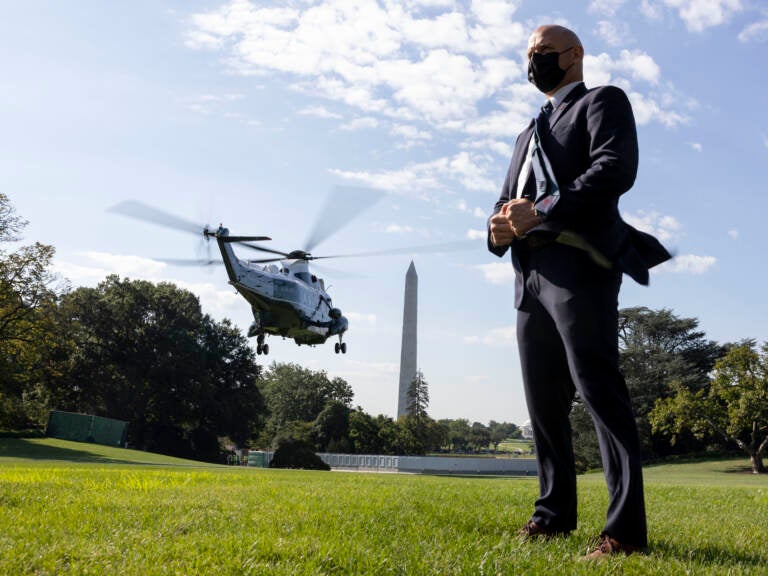 A U.S. Secret Service agent stands by as Marine One departs with President Biden aboard as he departs the White House in. (September 2021.
Kevin Dietsch/Getty Images)