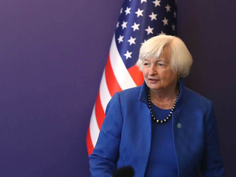 U.S. Treasury Secretary Janet Yellen attends a meeting in Seoul, South Korea on Tuesday. She spoke to Morning Edition about some of the initiatives she's been promoting on her trip overseas. (Chung Sung-Jun/Getty Images)