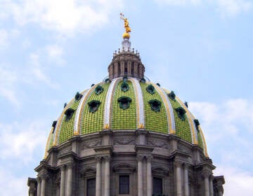 The dome of the Pennsylvania State Capitol is visible, in the background a blue sky.