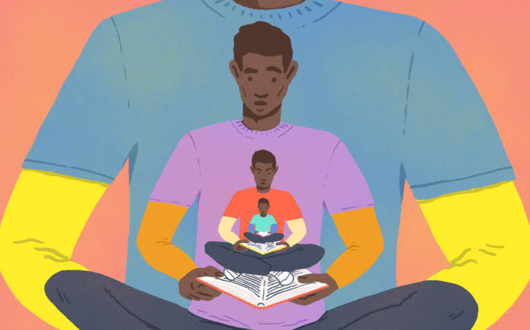 An illustration depicting people being supported as they read books.