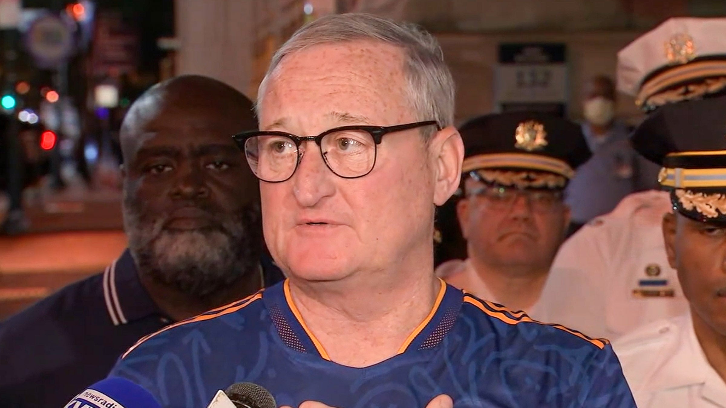 Mayor Jim Kenney speaks to the media shortly after midnight on the Fourth of July following a shooting on the Benjamin Franklin Parkway. (Courtesy of 6abc)