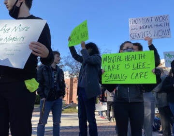 People hold signs calling for more mental health support.