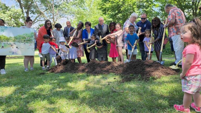 Breaking ground on the new Anna Verna Playground in FDR Park in South Philly. (Tom MacDonald / WHYY)