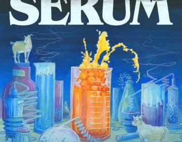 An illustration of a beaker filled with bright orange liquid and other scientific equipment