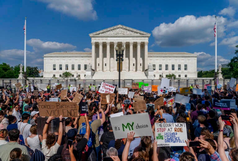 People hold signs and demonstrate in front of the U.S. Supreme Court building in Washington, D.C.