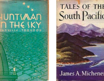 Two book covers side by side. One is teal green and reads, 