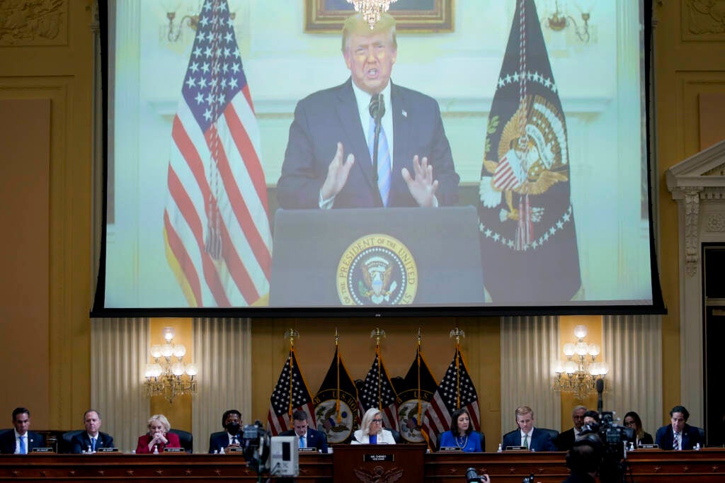 A video of President Donald Trump recording a statement on Jan. 7, 2021, is played, as the House select committee investigating the Jan. 6 attack on the U.S. Capitol holds a hearing at the Capitol