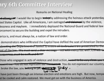A screenshot from the House Select Jan. 6 panel shows an edited Trump speech prepared for the day after the deadly attack.