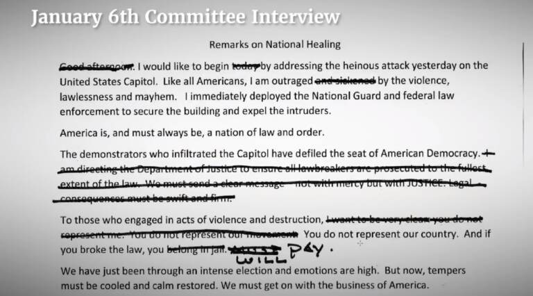 A screenshot from the House Select Jan. 6 panel shows an edited Trump speech prepared for the day after the deadly attack.