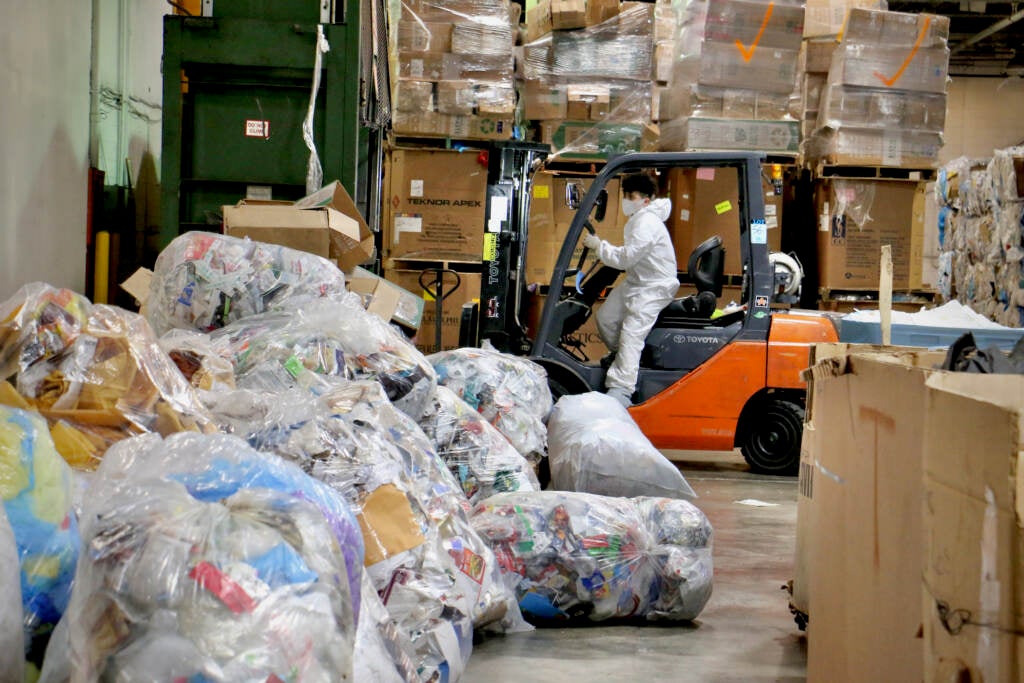 At a TerraCycle sorting facility in New Brunswick, items are prepared for shipment to recycling facilities. (Emma Lee/WHYY)