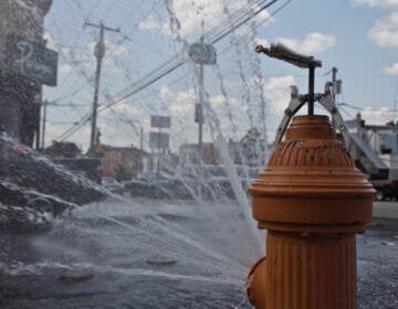 Residents of Reese Street in the Hunting Park Section of Philadelphia opened a fire hydrant during an intense heat wave on July 20, 2022. (Kimberly Paynter/WHYY)