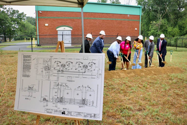 Willingboro officials break ground for a $5.3 million water treatment plant that will remove PFOS contaminants from the township's drinking water. (Emma Lee/WHYY)