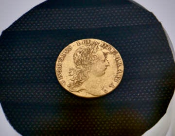 A rare 1776 British gold guinea was discovered on June 18 at the Red Bank Battlefield archaeological site. The remains of 13 men believed to be Hessian soldiers were also discovere there. (Emma Lee/WHYY)