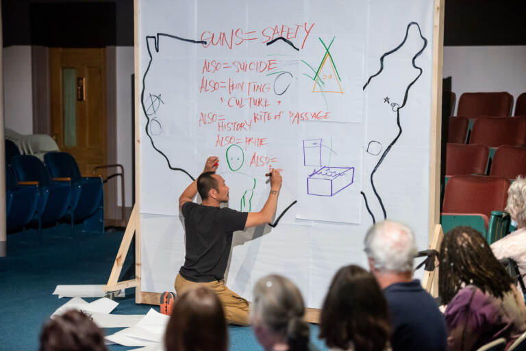 Makoto Hirano uses sketches out the themes of ''The Great American Gunshow'' during an interactive performance in Bloomsburg, Pa. (Elizabeth S. Gorbey)