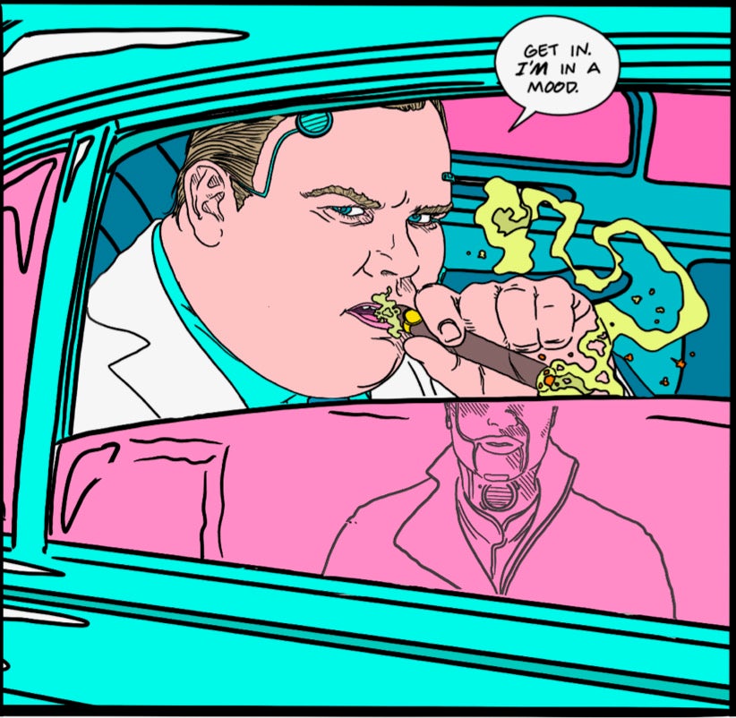 An illustration of a man smoking a cigar in a bright blue car.