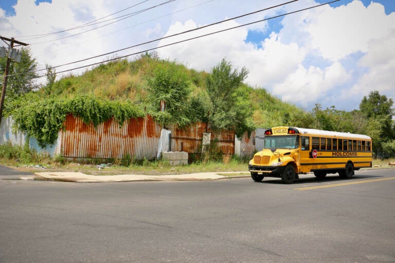 Weeds cover a pile of toxic dirt contained behind corrugated fencing at the intersection of 7th and Chestnut streets in Camden, N.J. (Emma Lee/WHYY)