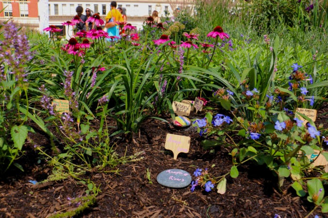 Painted stones and tiny wooden markers are placed among the flowers in the Philadelphia Overdose Memorial Garden at Thomas Paine Plaza. (Emma Lee/WHYY)