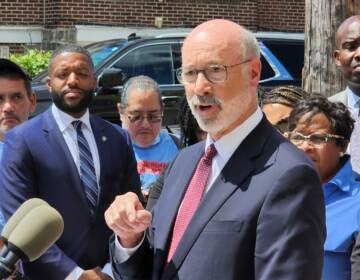 Pa. Gov. Tom Wolf speaks at a press conference in Wynnefield, Pa. (Tom MacDonald/WHYY) 