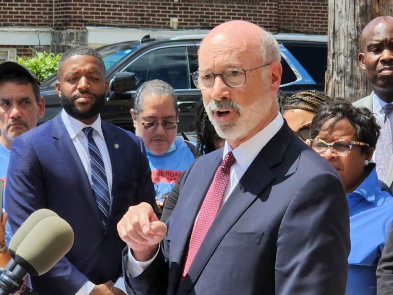 Pa. Gov. Tom Wolf speaks at a press conference in Wynnefield, Pa. (Tom MacDonald/WHYY) 