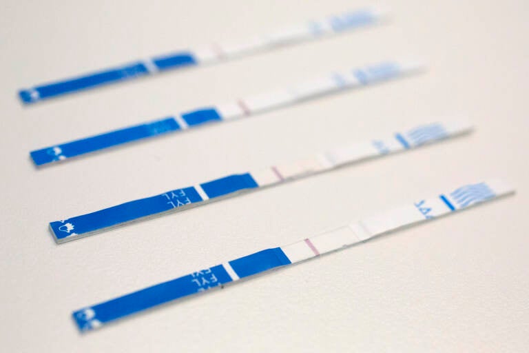 An up-close photo of fentanyl test strips.