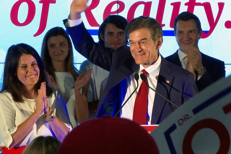 Mehmet Oz, a Republican candidate for U.S. Senate in Pennsylvania, speaks at a primary night election gathering in Newtown, Pa., Tuesday, May 17, 2022. (AP Photo/Ted Shaffrey)