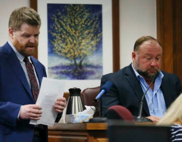 Mark Bankston, lawyer for Neil Heslin and Scarlett Lewis, asks Alex Jones questions about text messages during trial at the Travis County Courthouse in Austin, Wednesday Aug. 3, 2022. (Briana Sanchez/Austin American-Statesman via AP, Pool)