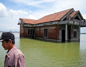 A man is shown in profile in the foreground. In the background is water surrounding a house.