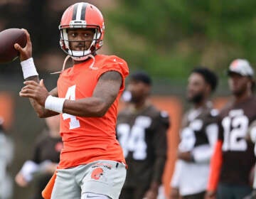 File photo: Cleveland Browns quarterback Deshaun Watson throws during NFL football practice in Berea, Ohio, Sunday, Aug. 14, 2022. (AP Photo/David Dermer, File)