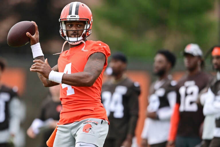 File photo: Cleveland Browns quarterback Deshaun Watson throws during NFL football practice in Berea, Ohio, Sunday, Aug. 14, 2022. (AP Photo/David Dermer, File)