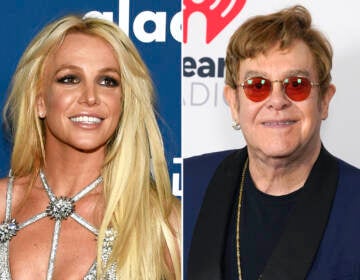 This combination of photos show Britney Spears at the 29th annual GLAAD Media Awards in Beverly Hills, Calif., on April 12, 2018, left, and Elton John at the iHeartRadio Music Awards on Thursday, May 27, 2021, in Los Angeles. Spears and John have collaborated for the first time, creating the slinky, club-ready single 