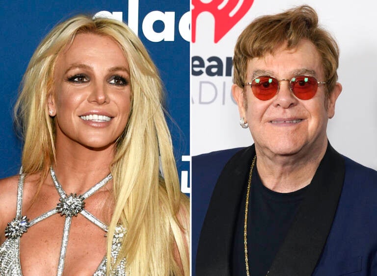 This combination of photos show Britney Spears at the 29th annual GLAAD Media Awards in Beverly Hills, Calif., on April 12, 2018, left, and Elton John at the iHeartRadio Music Awards on Thursday, May 27, 2021, in Los Angeles. Spears and John have collaborated for the first time, creating the slinky, club-ready single 