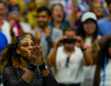 Serena Williams, of the United States, blows a kiss to the crowd after defeating Danka Kovinic, of Montenegro, during the first round of the US Open tennis championships, Monday, Aug. 29, 2022, in New York. (AP Photo/Charles Krupa)