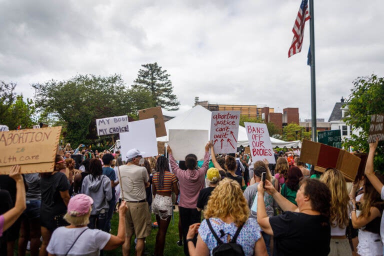 People hold signs in a crowd supporting abortion rights on an overcast day. The American flag is visible in the background.