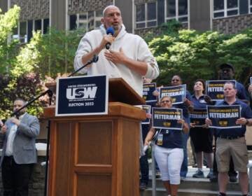 US Senate candidate John Fetterman speaks to a gathering of Steelworkers on August 23, 2022. (Oliver Morrison/WESA)