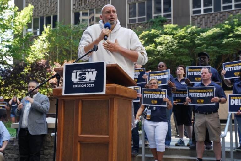 US Senate candidate John Fetterman speaks to a gathering of Steelworkers on August 23, 2022. (Oliver Morrison/WESA)