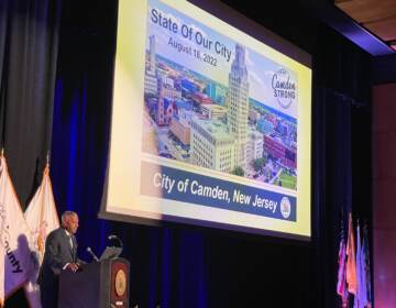 Camden Mayor Vic Carstarphen giving his first State of the City address at Camden High School on Aug. 18, 2022. (P. Kenneth Burns/WHYY)