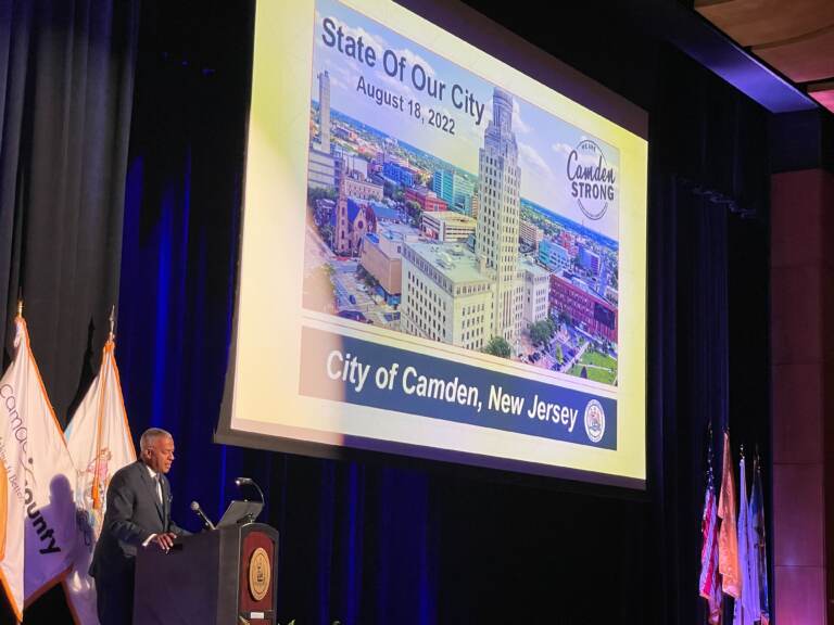 Camden Mayor Vic Carstarphen giving his first State of the City address at Camden High School on Aug. 18, 2022. (P. Kenneth Burns/WHYY)