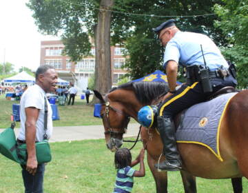 Attendants at Philadelphia’s First Responders Day interact with a mounted police officer and his horse. (Cory Sharber/WHYY)