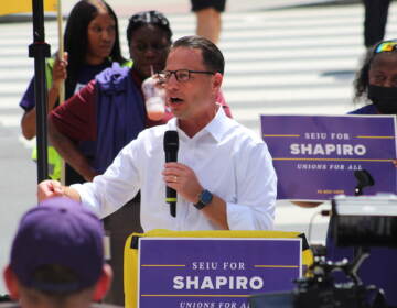 Pa. Attorney General and gubernatorial candidate Josh Shapiro criticized his opponent's stance on labor unions during a campaign stop on Aug. 18, 2022. (Cory Sharber/WHYY)