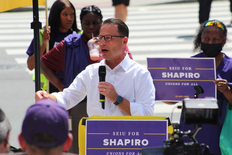 Pa. Attorney General and gubernatorial candidate Josh Shapiro criticized his opponent's stance on labor unions during a campaign stop on Aug. 18, 2022. (Cory Sharber/WHYY)