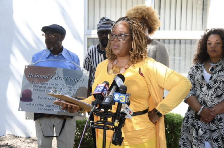 Darby NAACP President Sheila Carter speaks Thursday at a news conference at Sharon Hill Borough Council demanding release of a lawyer's report on the death of Fanta Bility and police  policies and procedures on deadly force. Philadelphia NAACP President Cathy Hicks is at far right. (Abdul R, Sulayman/ Tribune Photo)